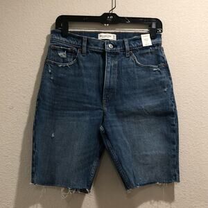 Abercrombie & Fitch Blue Medium Wash Raw Hem High Rise 9" Denim Shorts Size 27